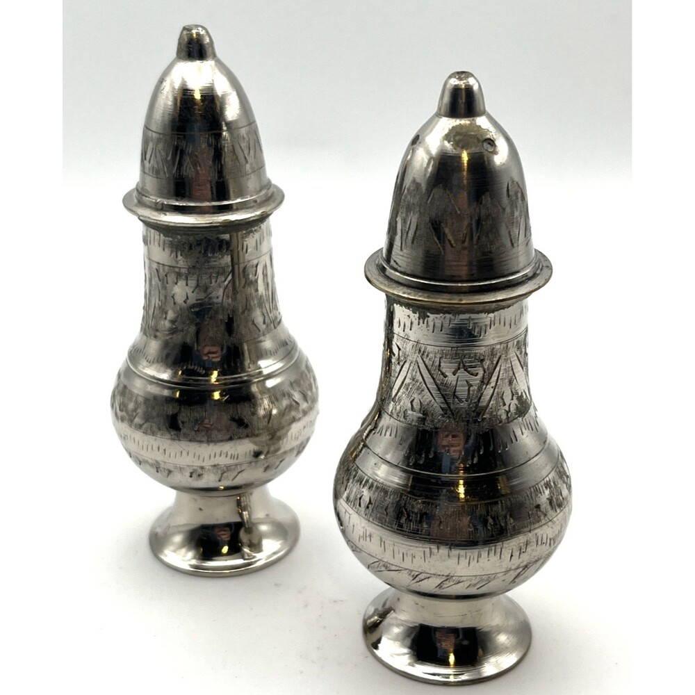 Vtg 4" Indian Hand-Etched Silverplated Brass Salt and Pepper Shakers 1960s-1980s